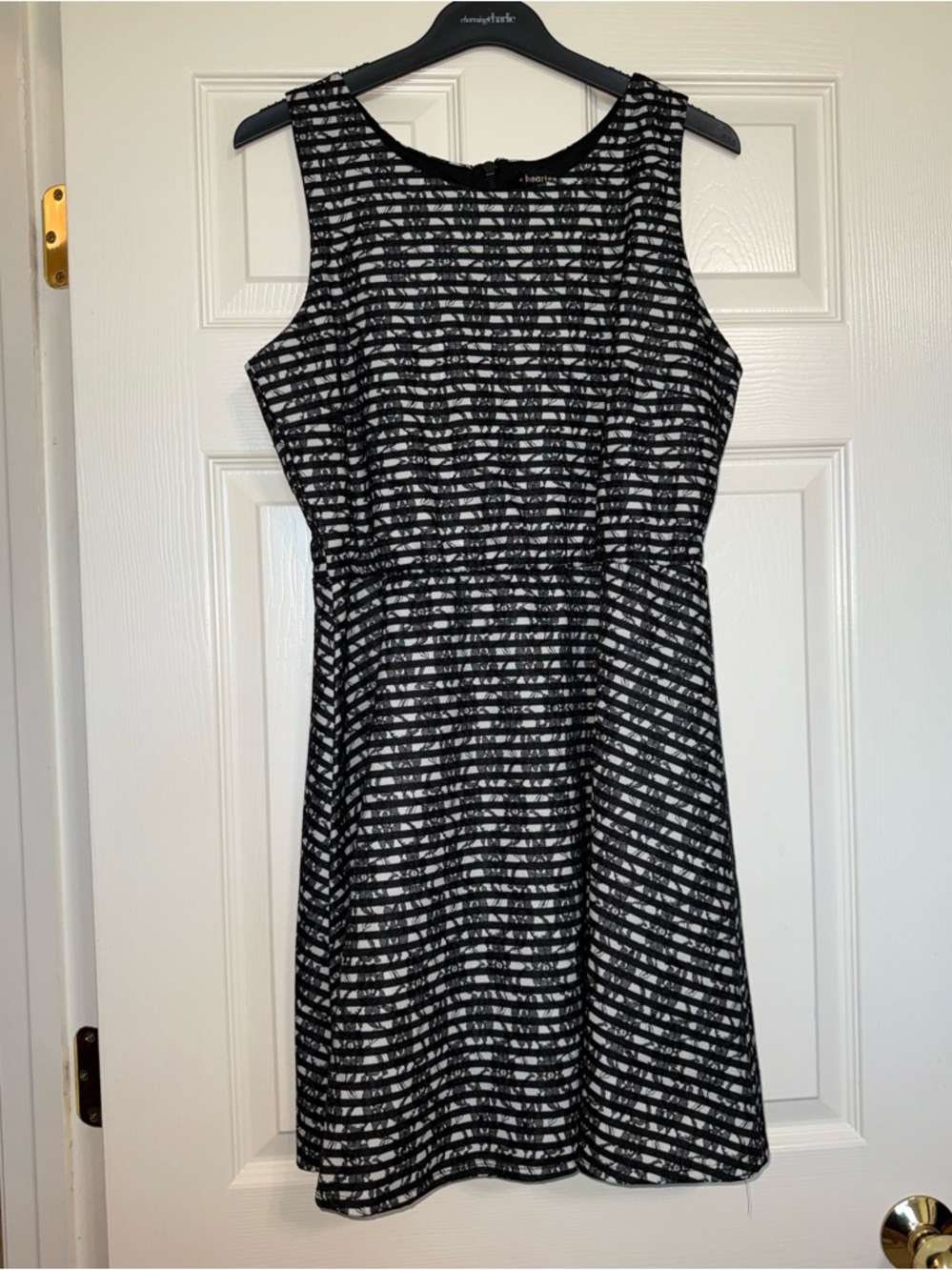 Sleeveless Black & White Striped Lace Overlay Dress